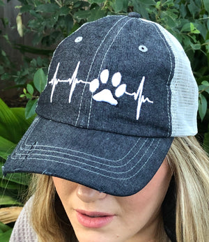 Paw Print Ekg Love Dog Mom Cat Mom Distressed Trucker Hat